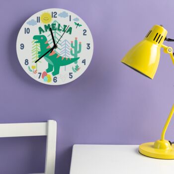 Children's T Rex Dinosaur Personalised Bedroom Clock, 2 of 5