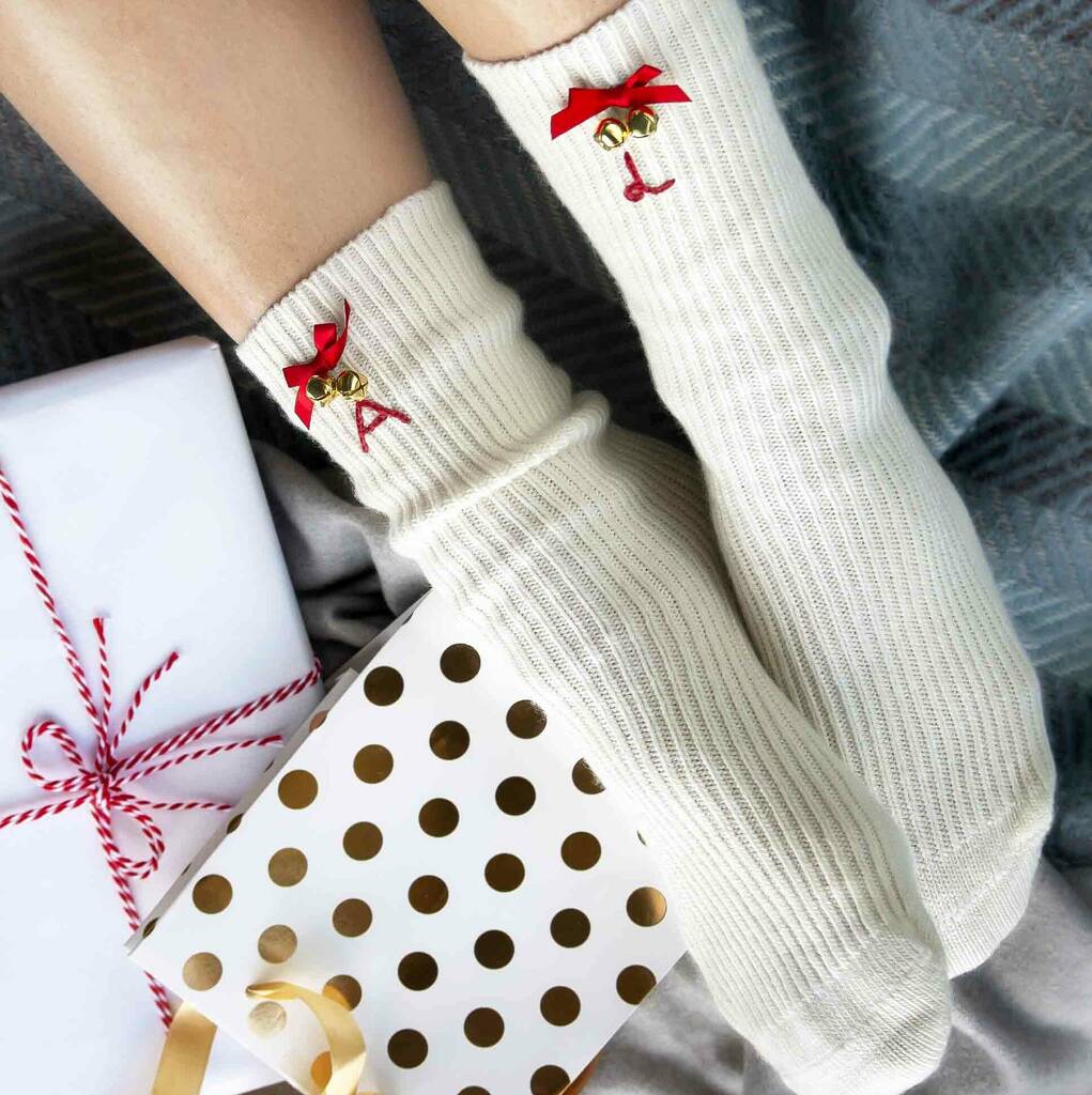 Personalised Christmas Wool Bed Socks With Bells Gift, 1 of 3