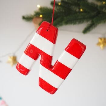 Personalised Handmade Red And White Candy Stripe Clay Hanging Letter, 3 of 4