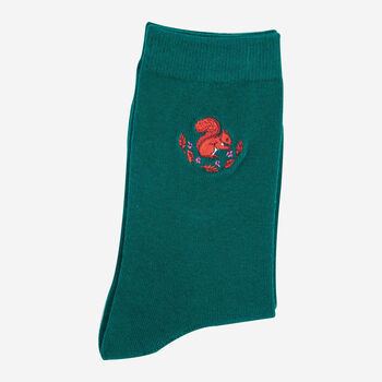Red Squirrel Woodland Animals Embroidered Ankle Socks Women's Green, 2 of 4