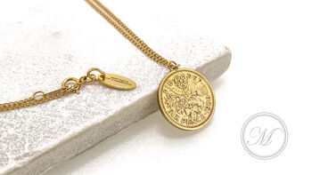 Queen Elizabeth Sixpence Coin 24k Gold Plated Necklace, 7 of 12