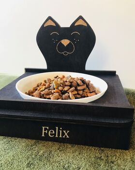 Handcrafted Ceramic Cat Bowl With Wood Stand, 3 of 5