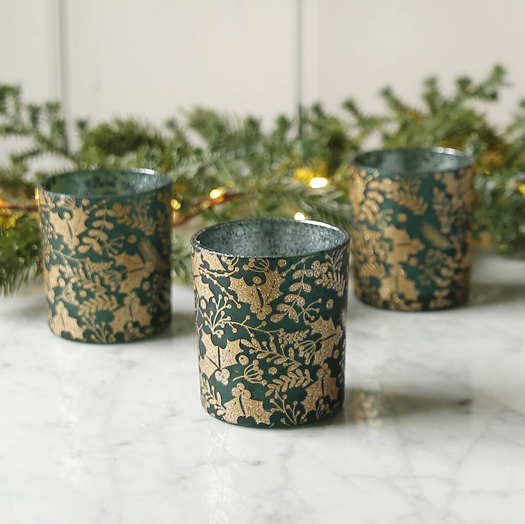 Green And Gold Holly Christmas Tealight Holder, 1 of 2