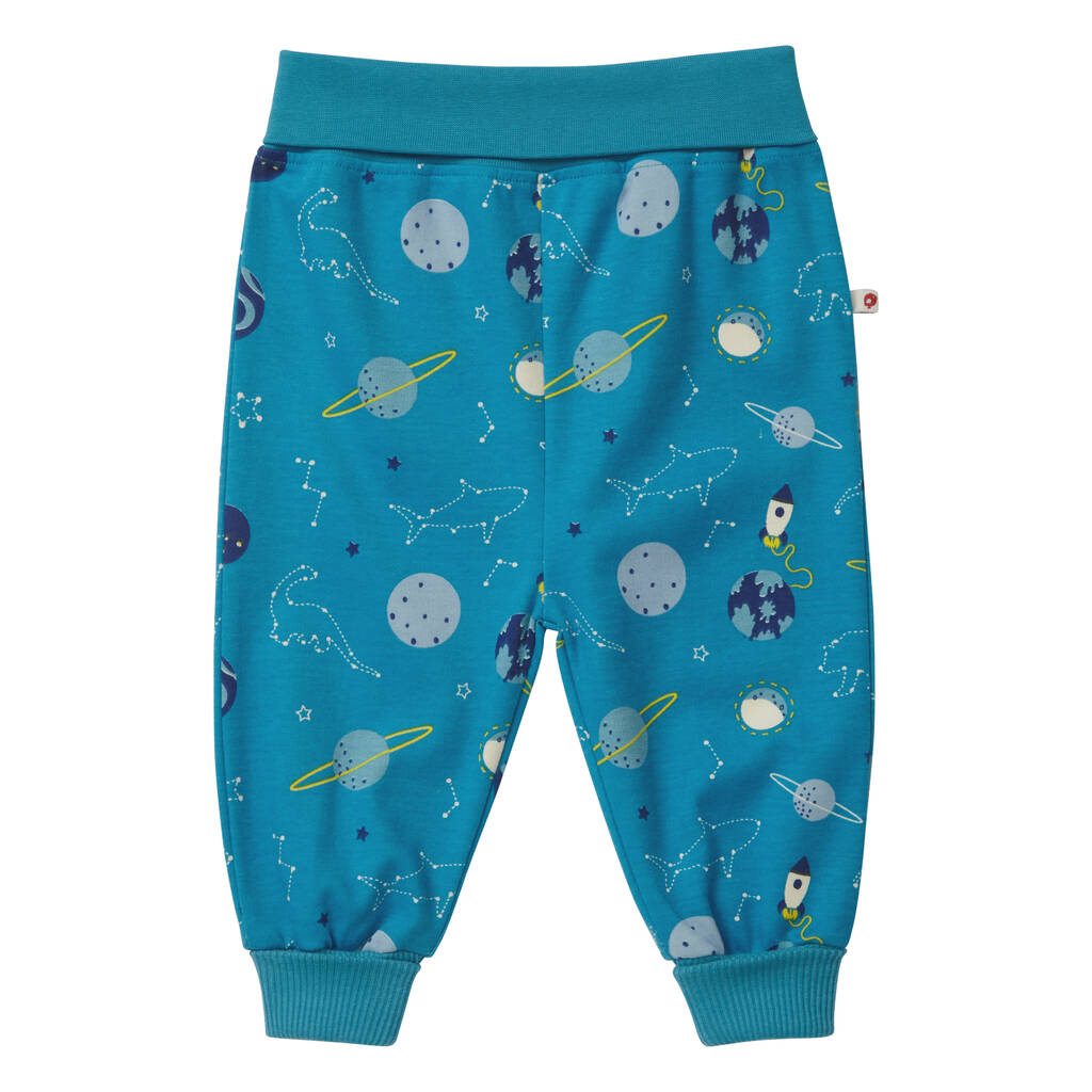 unisex teal blue space pull up baby trousers by piccalilly ...