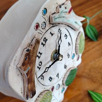 Ceramic Clock With Jumping Dogs In Chocolate Brown And Cream Yellow, 6 of 8