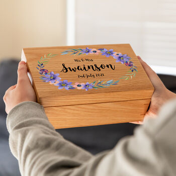 Personalised Wedding Keepsake Oak Box Purple Flowers, 2 of 3