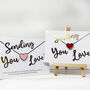 Sending Love Heart Pin Badge Gold Foiled Postcard, thumbnail 7 of 7