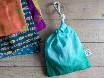 Handmade Sari Gift Bags, Fair Trade Medium Reusable Drawstring Pouches, 2 of 5