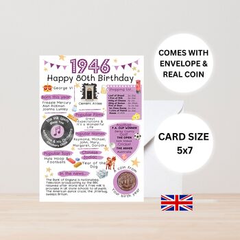 80th Birthday Card With 1946 Coin And Envelope Choose Your Colour, 3 of 3