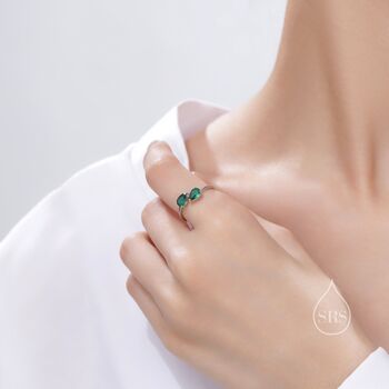 Sterling Silver Toi Et Moi Pear Cut Emerald Green Cz Open Ring, 8 of 11