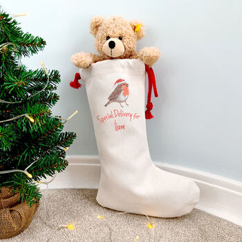 Personalised Robin Christmas Stocking. Special Delivery, 2 of 6