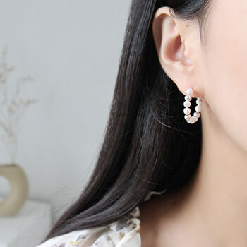 Sterling Silver And Pearl Bead Hoop Earrings, 2 of 4
