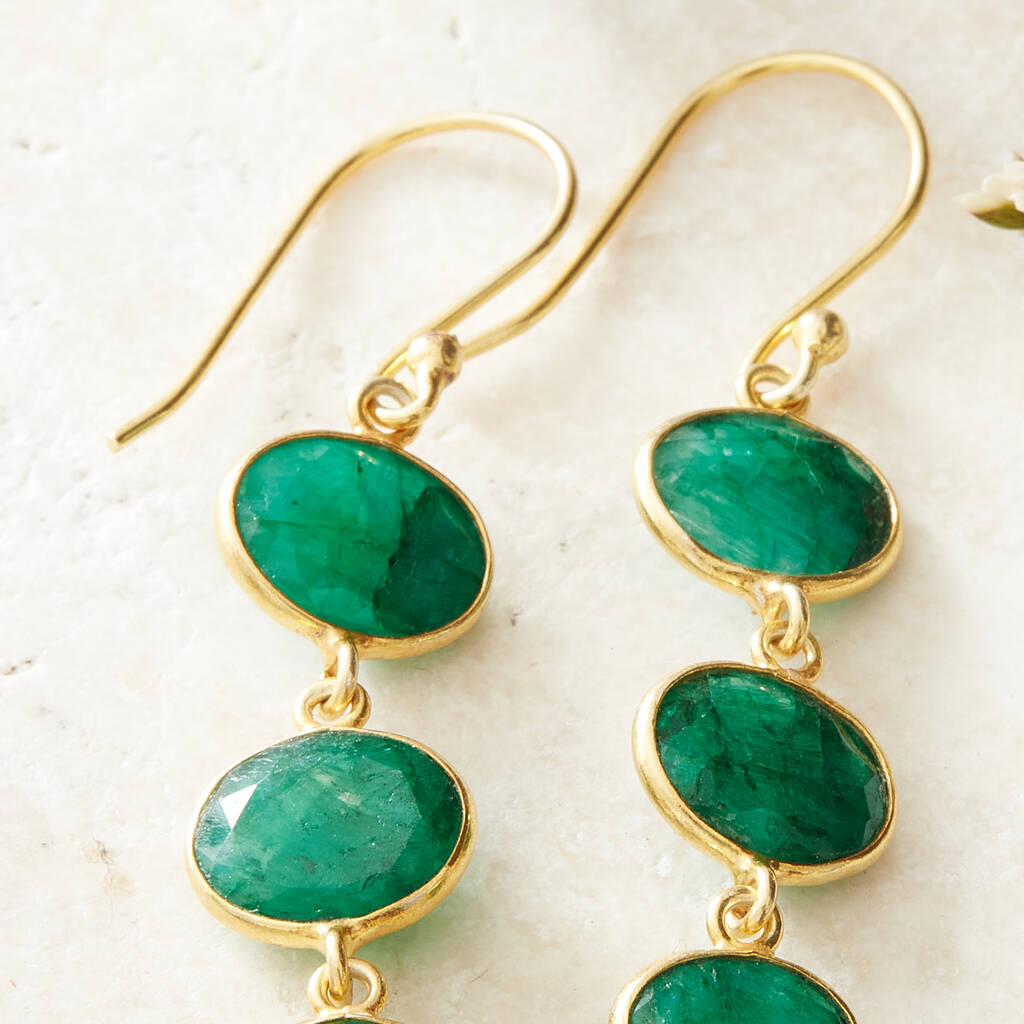 Emerald Gold Plated Silver Pebble Drop Earrings By Rochejewels