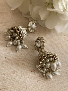 Antique Gold Pearl Jhumki Indian Earrings, 6 of 6