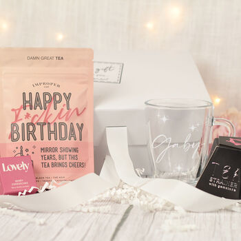 Personalised Glass Mug Happy Birthday Tea Gift Box Hamper, 2 of 9