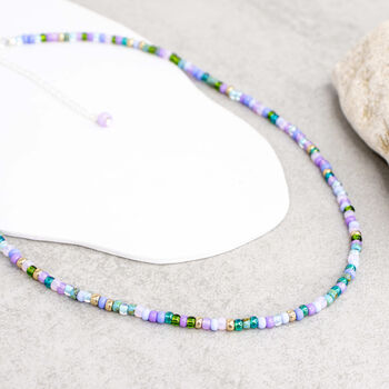 Willow 14 Inch Blue, Purple, Olive And Teal Seed Bead Necklace, 2 of 4