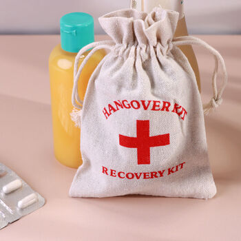 G Decor Set Of Two Hangover Kit Bags Linen Party Recovery Pouches With Red Cross Design, 3 of 7