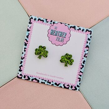 Green Clover Glitter Stud Earrings, 3 of 5