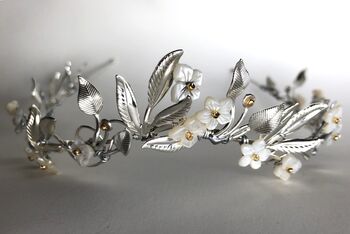 The Ostara Crown Gold Silver Shell Mother Of Pearl Floral Hair Vine Bridal Headpiece, 4 of 12