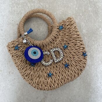 Personalised Ada Blue Starfish Half Moon Wicker Basket Drawstring Bag, 2 of 5