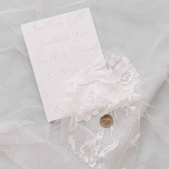 Personalised Mother Of Pearl Lace Tie Style Wedding Garter, 9 of 10