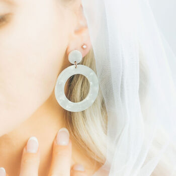 White Pearlescent Dangle Hoop Wedding Bridal Earrings, 2 of 5