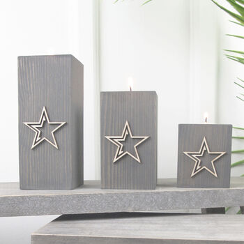 Trio Of Wooden Tea Light Holders Raised Star Design, 3 of 9
