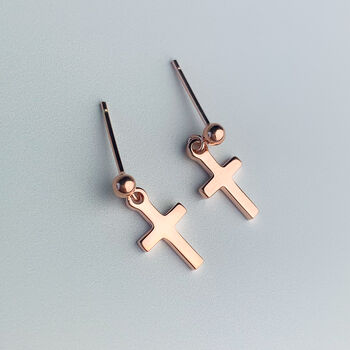Rose Gold Colour Sterling Silver Cross Dangle Stud Earrings, 2 of 4