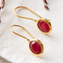 Ruby Oval Short Drop Gold Plated Silver Earrings, thumbnail 1 of 11
