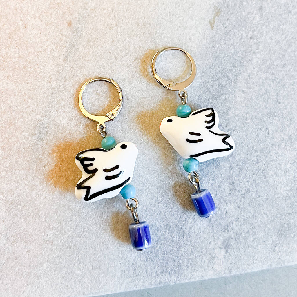 Ceramic White Dove Bird Huggie Hoop Earrings, 1 of 1