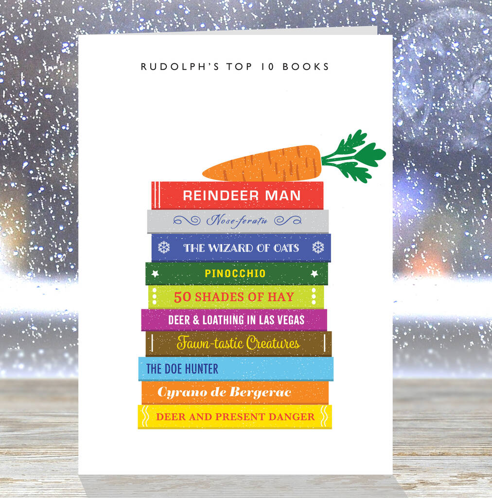 Rudolph's Top 10 Books, Christmas Card For Book Lovers