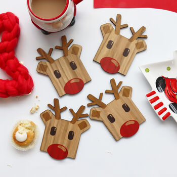 Set Of Four Wooden Reindeer Christmas Coasters, 8 of 8