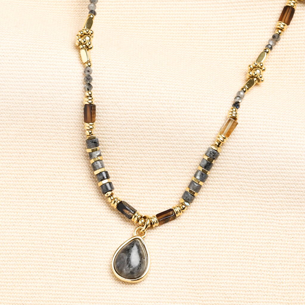 Navy Semi Precious Stone Beaded Necklace In Gold