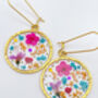 Pink Blue Flowers Medium Pendant Necklace Gold Plated, thumbnail 2 of 9