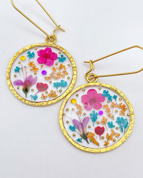 Pink Blue Flowers Medium Pendant Necklace Gold Plated, 2 of 9