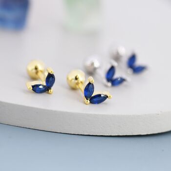 Sapphire Blue Cz Marquise Leaf Duo Barbell Earrings, 3 of 11