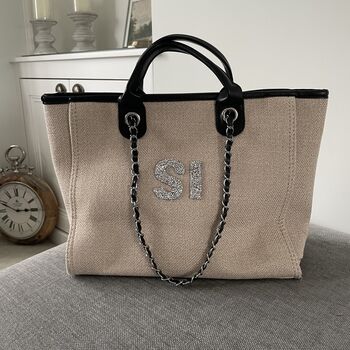 Personalised Beige And Black Large Chain Tote Beach Bag, 4 of 7