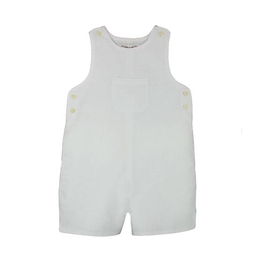 baby boy white linen overall and peter pan bodysuit by chateau de sable