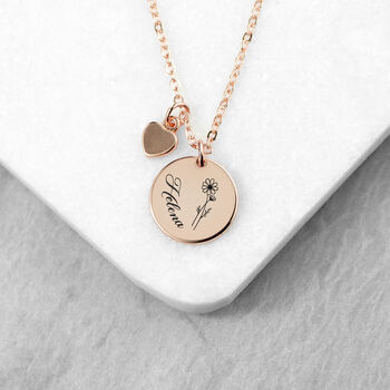 Personalised Birth Flower Heart And Disc Necklace, 3 of 12