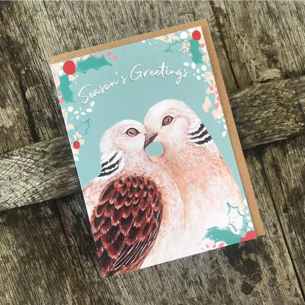 Two Turtle Doves Christmas Card Blank Inside By Miss Meaney's Ltd