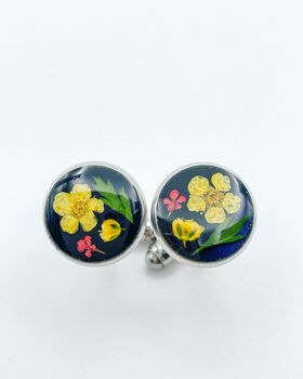 Cufflinks Real Yellow Flowers Leaves Hand Made Stainless Steel 12mm, 2 of 10