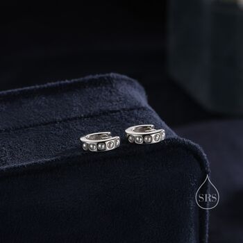 Sterling Silver Pearl Huggie Hoop Earrings, 5 of 11