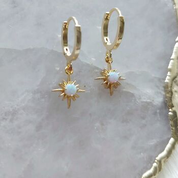 Opal Starburst Huggie Gold Plated Hoop Earrings, 5 of 5