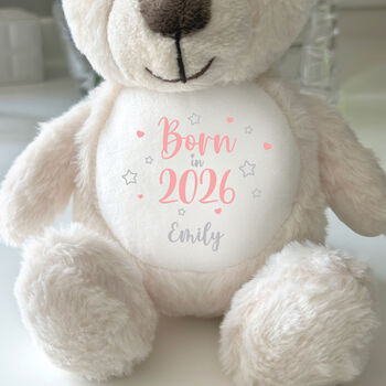 Personalised Born In 2026 Cream Teddy Bear New Baby Arrival Gift, 5 of 8