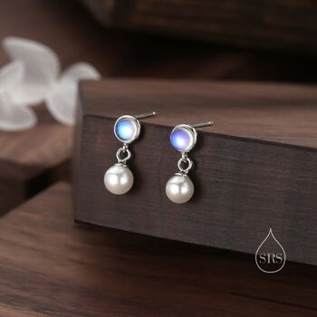 Moonstone And Pearl Dangle Earrings In Sterling Silver, 3 of 10
