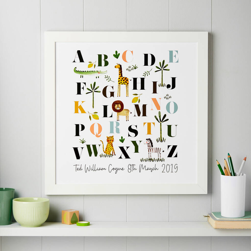 Personalised Safari Animal Alphabet Nursery Print, 1 of 3