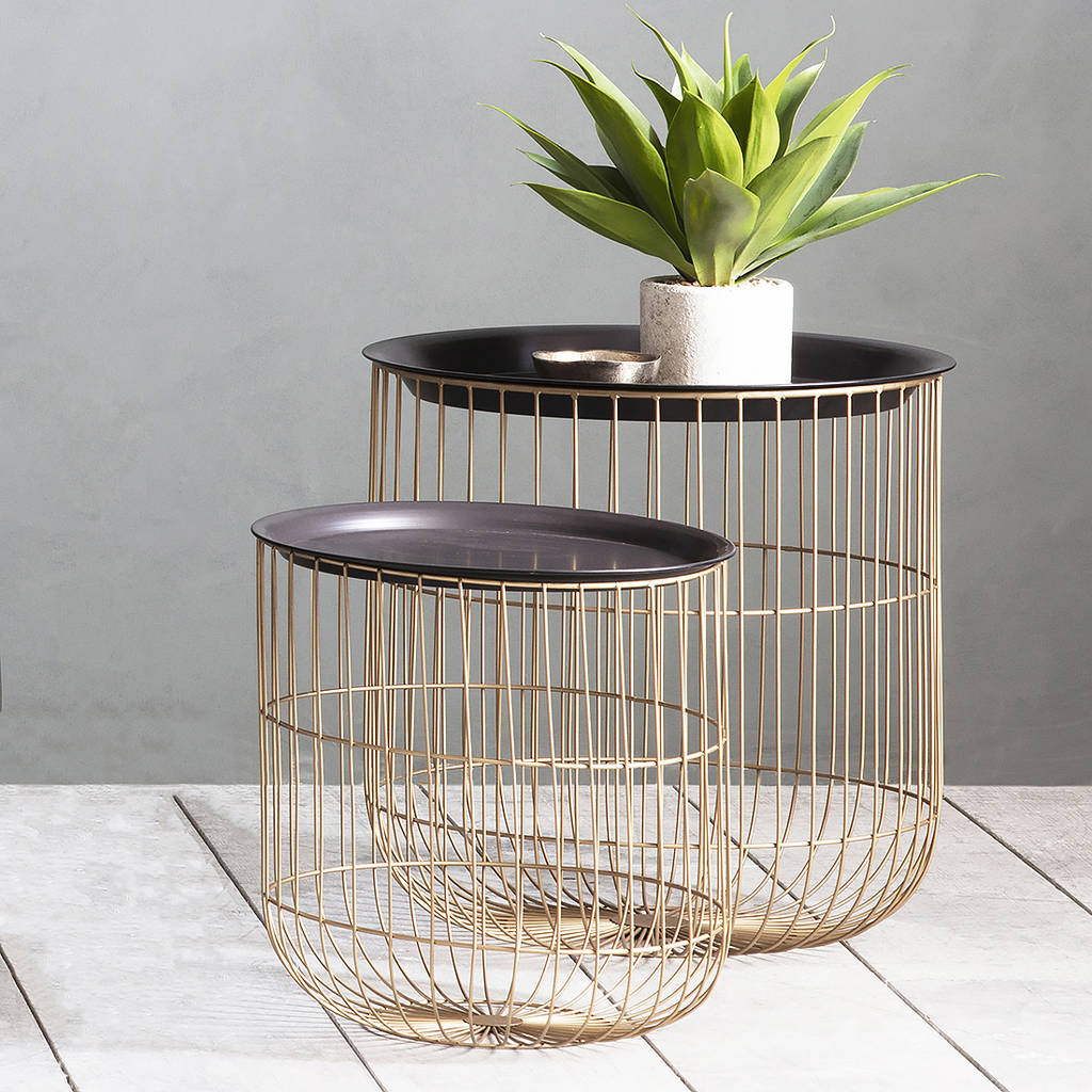 Set Of Two Round Gold Wire Tables