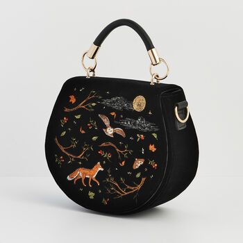 Fox And Owl Embroidered Black Top Handle Saddle Bag, 5 of 8