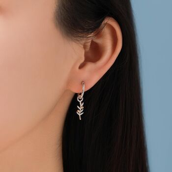 Sterling Silver Olive Branch Huggie Hoop Earrings, 8 of 12