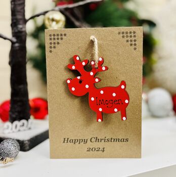 Personalised Reindeer Red Christmas Decoration And Card, 8 of 8